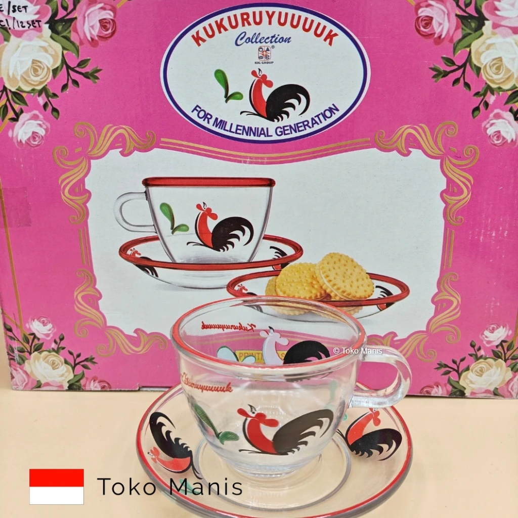 AYAM JAGO Set Kode H77 Cangkir Bening + Tatakan Isi 6